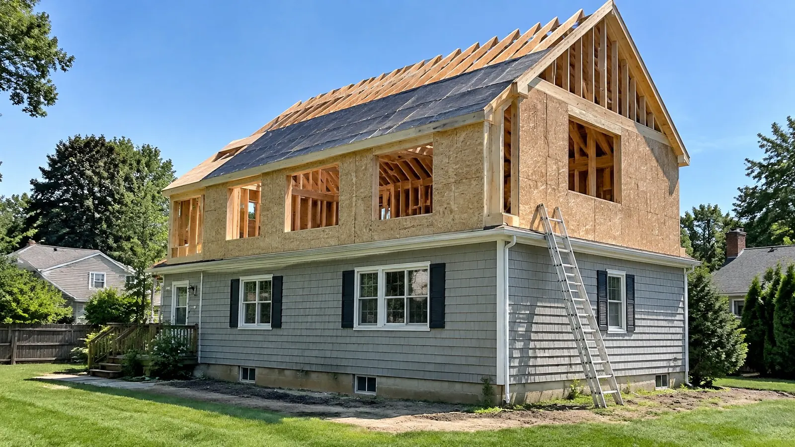Second-story addition on a Cape Cod house with new framing, plywood sheathing and underlayment on part of the roof