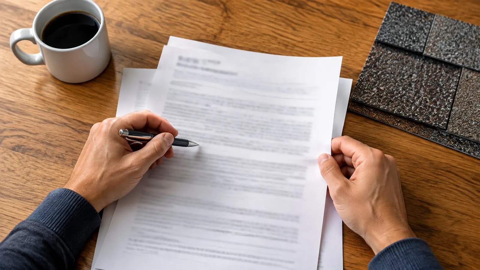 Hands holding a pen over a printed contract on a kitchen table, next to a coffee mug and a shingle sample
