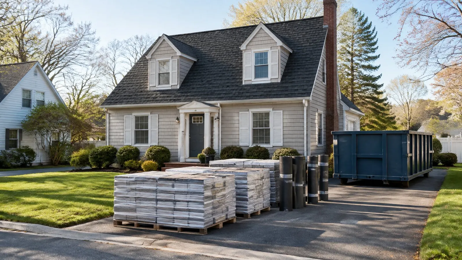 Pallets of shingles, rolls of underlayment and a dumpster in the driveway of a Cape Cod house before a reroof