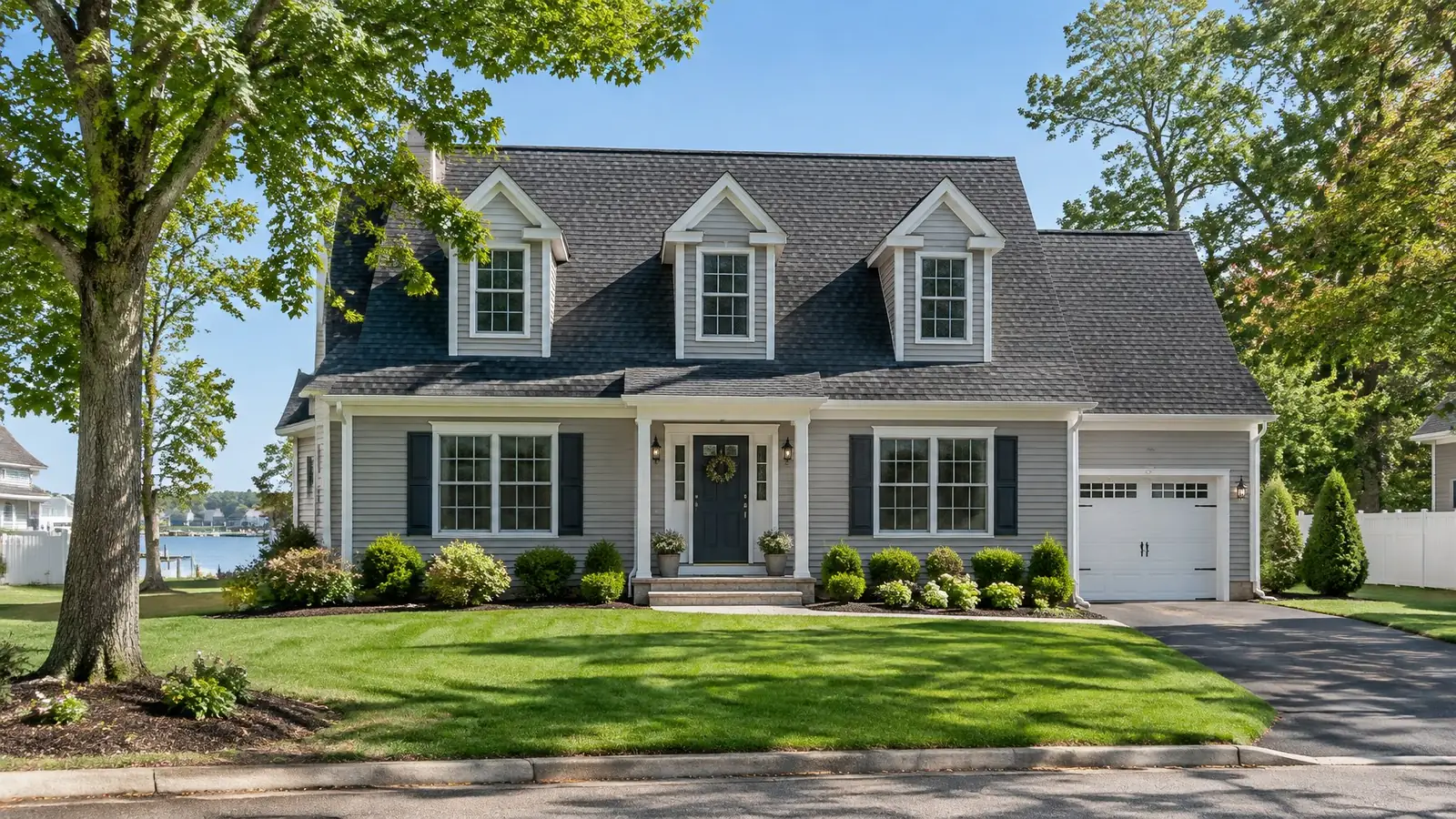 Two-story Cape Cod house with gray siding, three dormers and a new charcoal shingle roof under tall shade trees