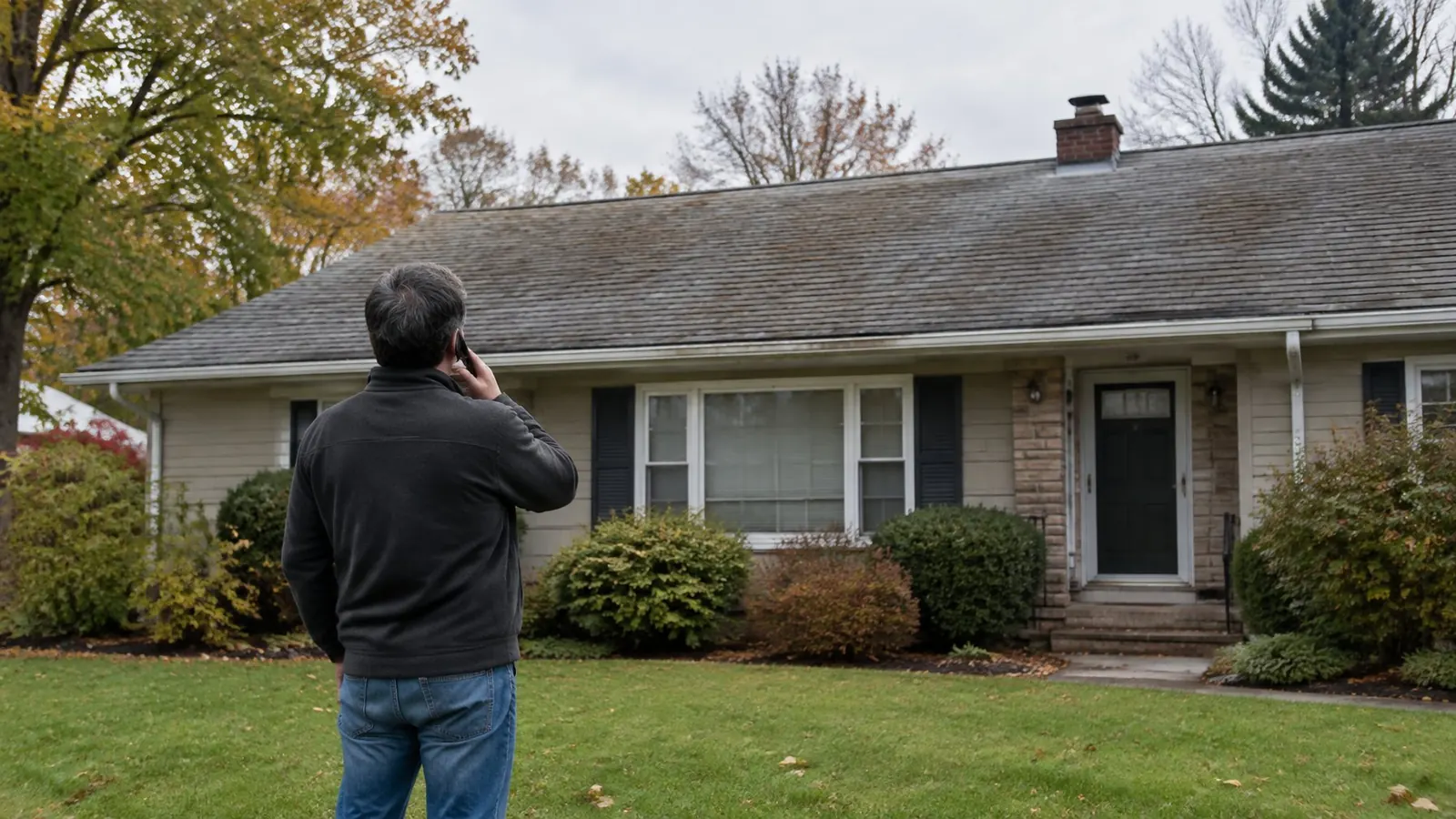 Homeowner seen from behind on the phone, looking up at the faded shingle roof of a ranch house