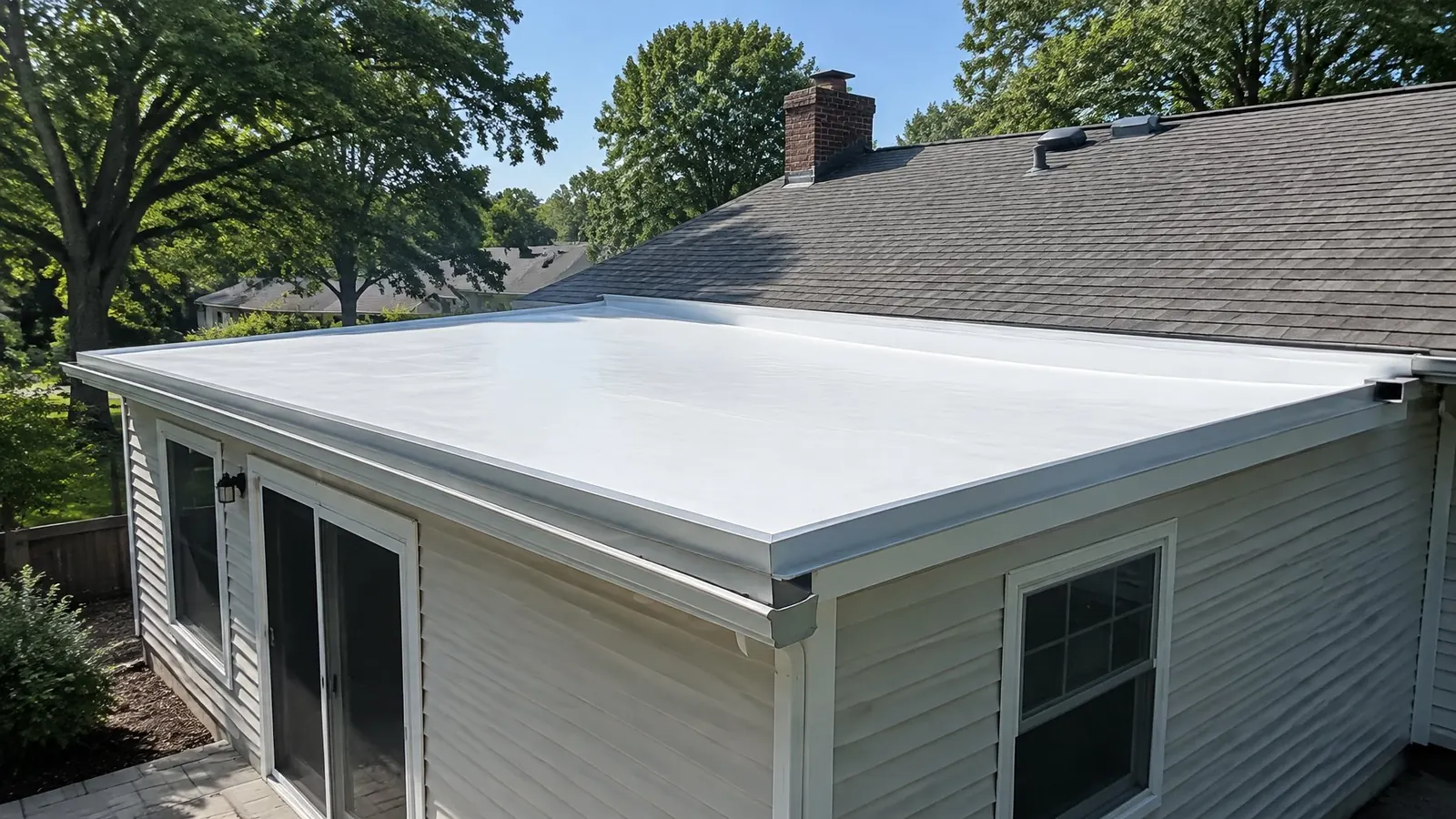 White membrane roof on a low-slope rear addition below the main shingle roof of a ranch house