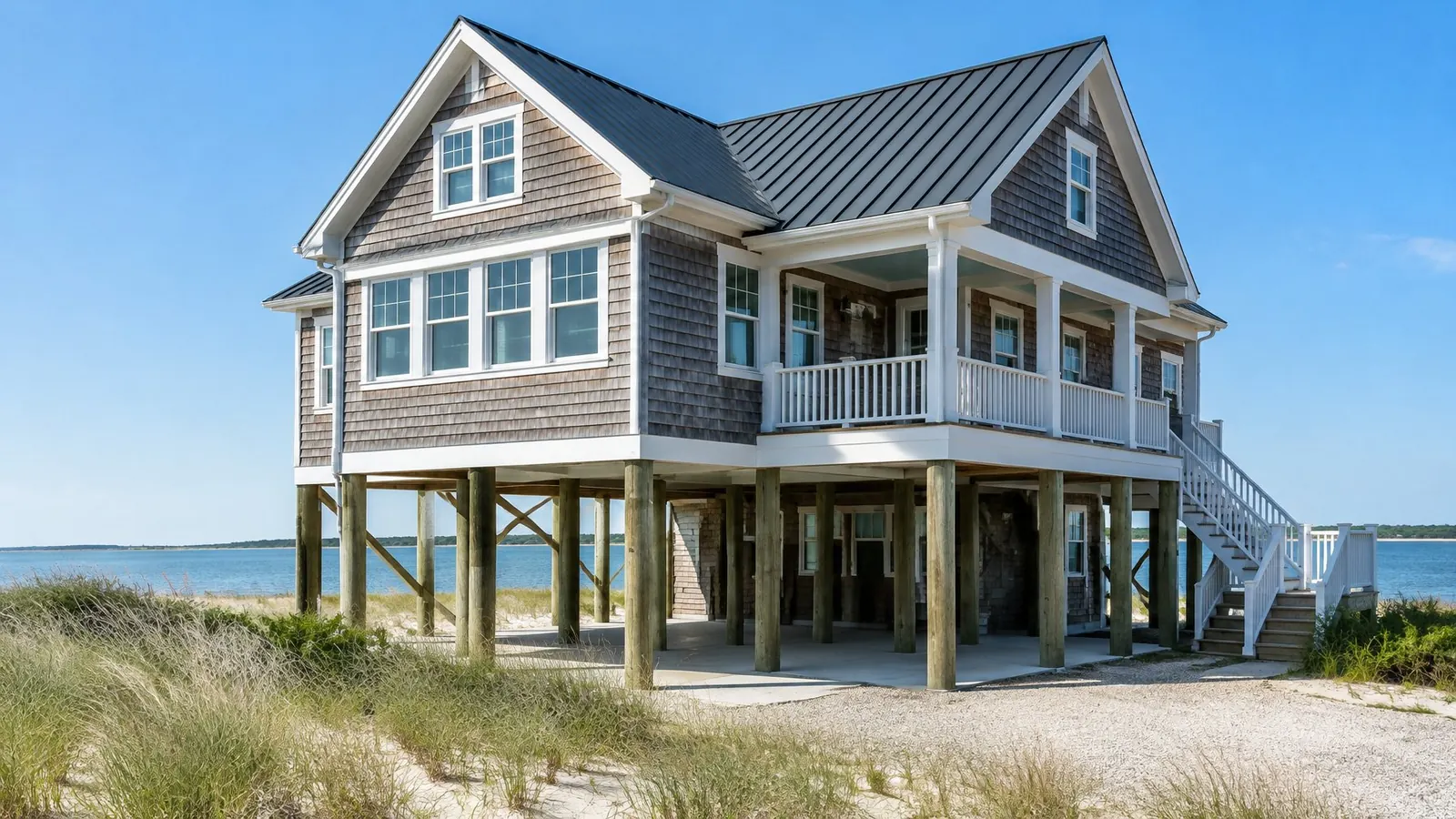 Shingle-sided shore house raised on wooden pilings with a dark standing seam metal roof, dune grass in front