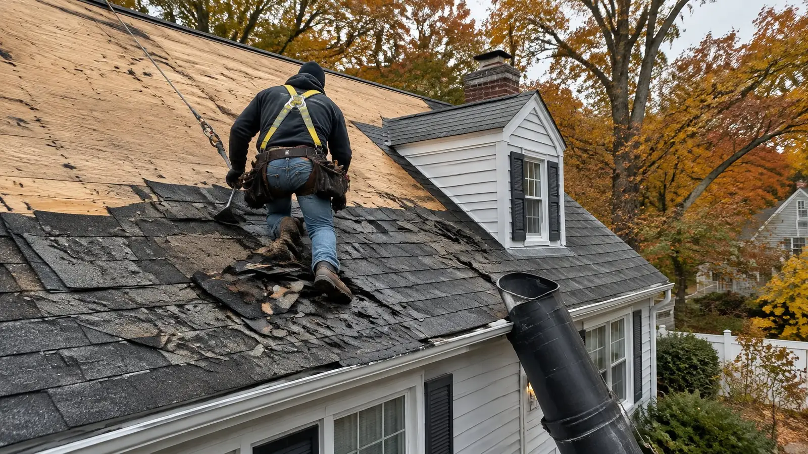 Roofer in a safety harness, seen from behind, stripping old shingles down to the wood deck of a Cape Cod roof