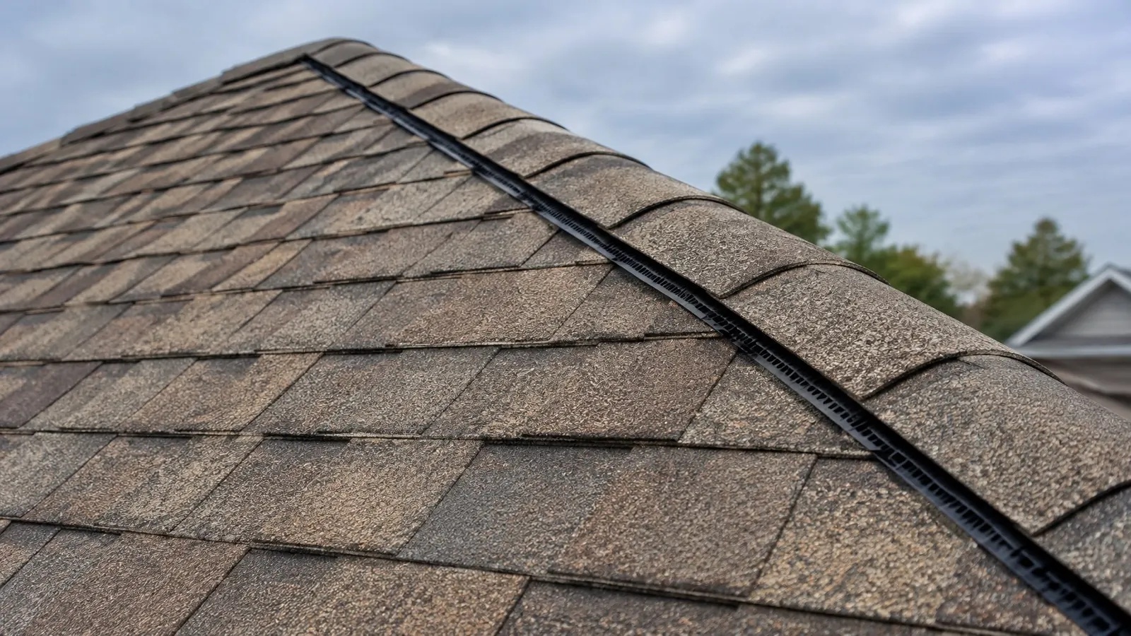 Close view of new brown architectural shingles running up to a ridge vent