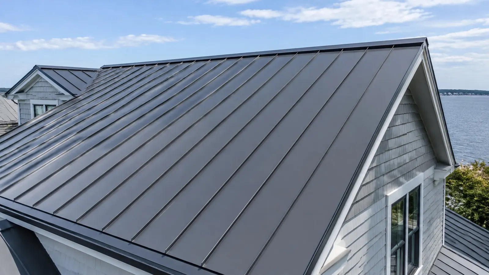 Dark gray standing seam metal roof on a waterfront home with the bay behind it