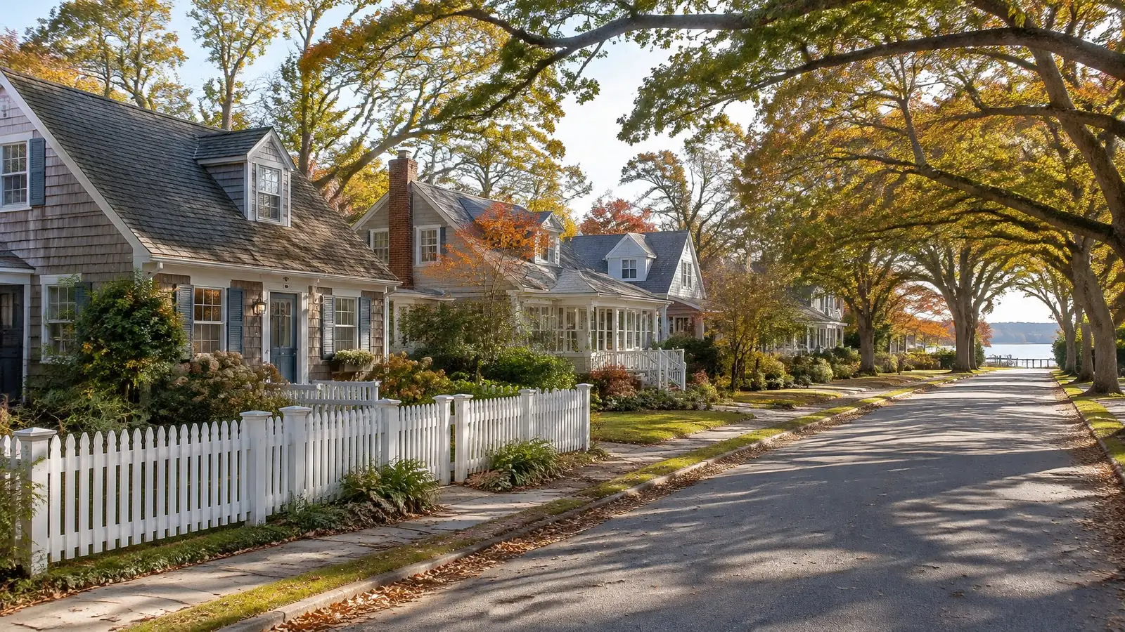 Older Cape Cod and cottage homes behind a white picket fence on an oak-lined street ending at the water