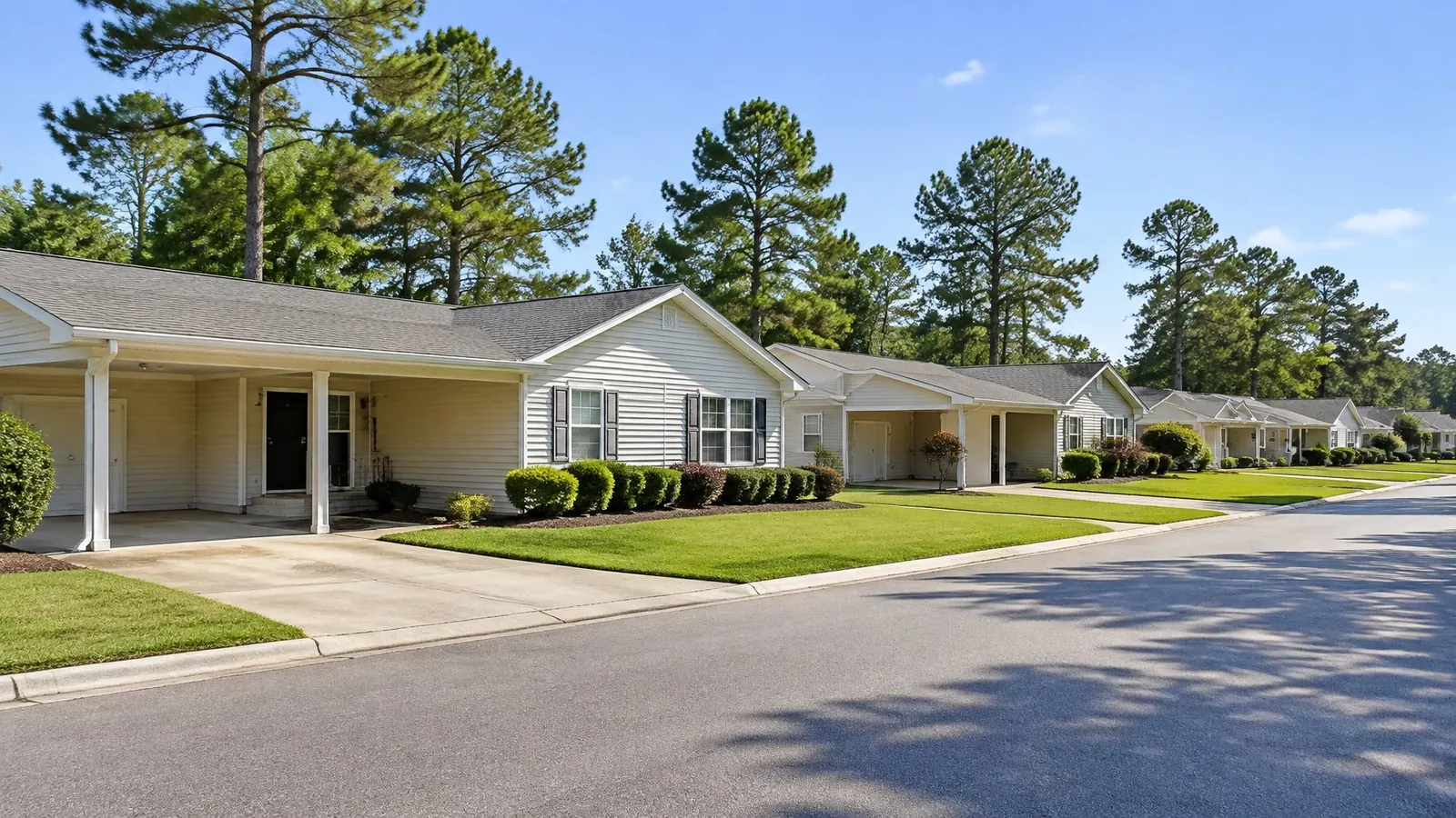 Row of one-story ranch homes with carports and shingle roofs on a quiet street with pine trees behind