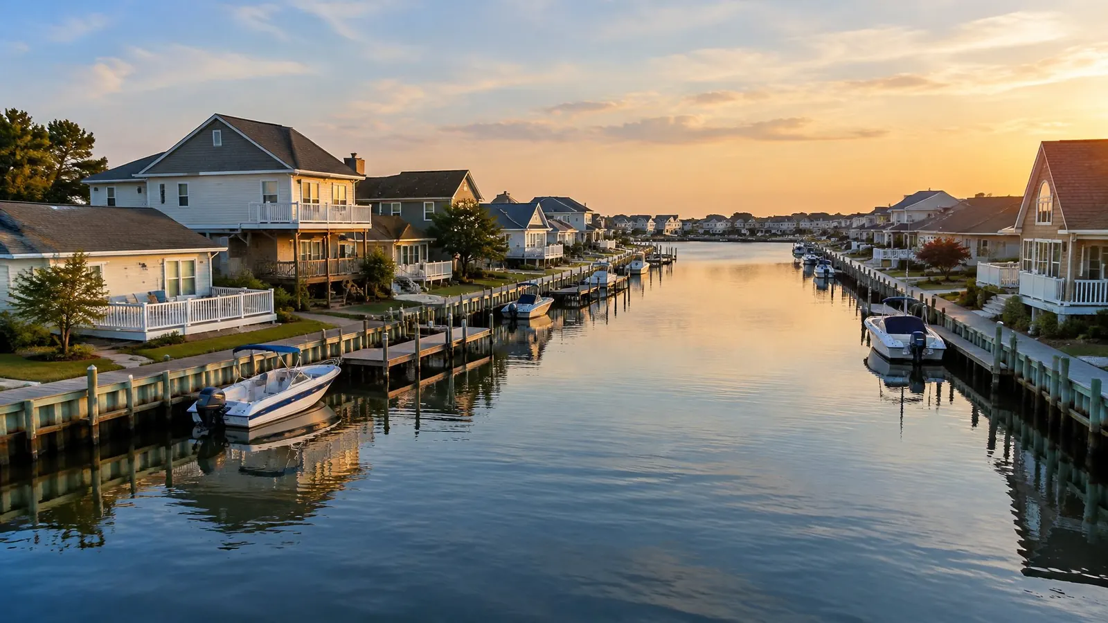 Lagoon lined with bulkheads, docks and small boats in front of bayfront homes at sunset