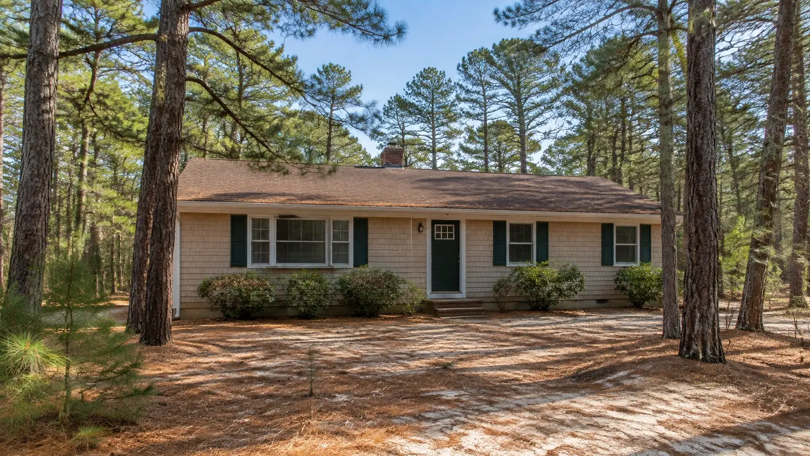 One-story ranch house with a brown shingle roof on a sandy lot among tall pine trees